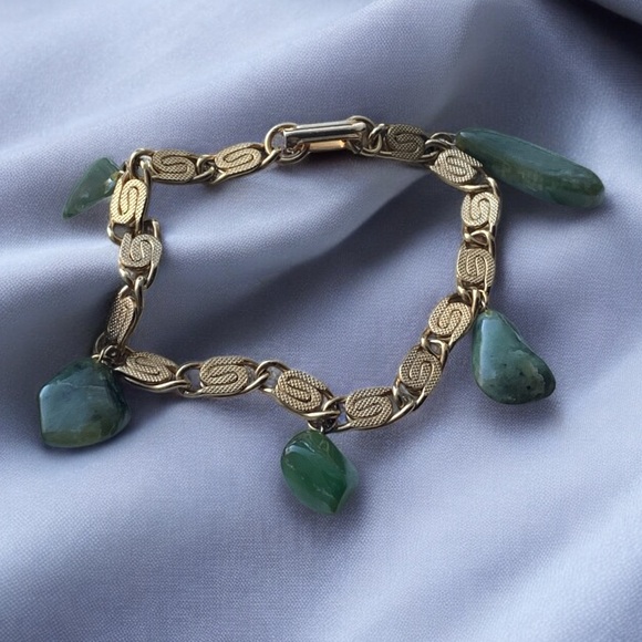 Vintage Natural Nephrite Jade Stone Gold Plated Woman's Bracelet